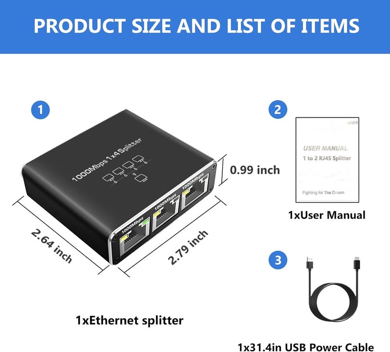 Pushua Gigabit Ethernet Splitter - 1 to 4 High Speed, 4 Devices Simultaneously Networking, 1000Mbps, USB Powered, RJ45 for Cat5/5e/6/7/8 Cable - Image 5